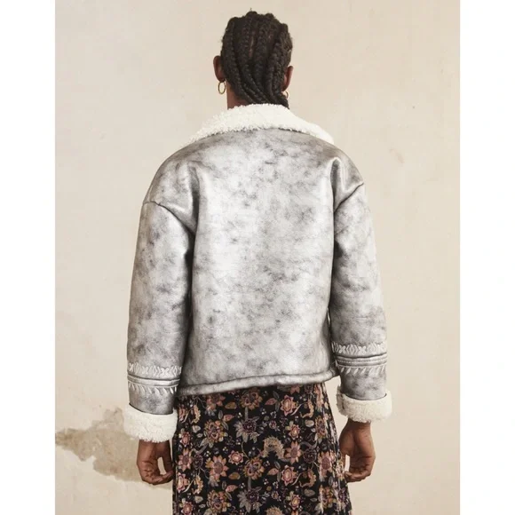 NKN Nekane Gaia Silver Faux Leather Embroidered Aviator Bomber Jacket Small - Picture 11 of 12